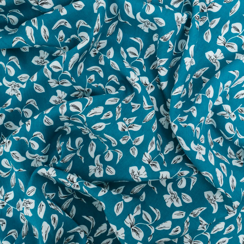 Viscose Bleu Paon Motif Petites Feuilles - Maison Klem